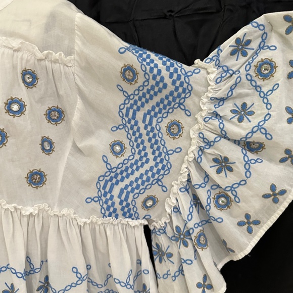 Anthropology Pure US, white/ blue short sleeve boho blouse, size M - Picture 3 of 6